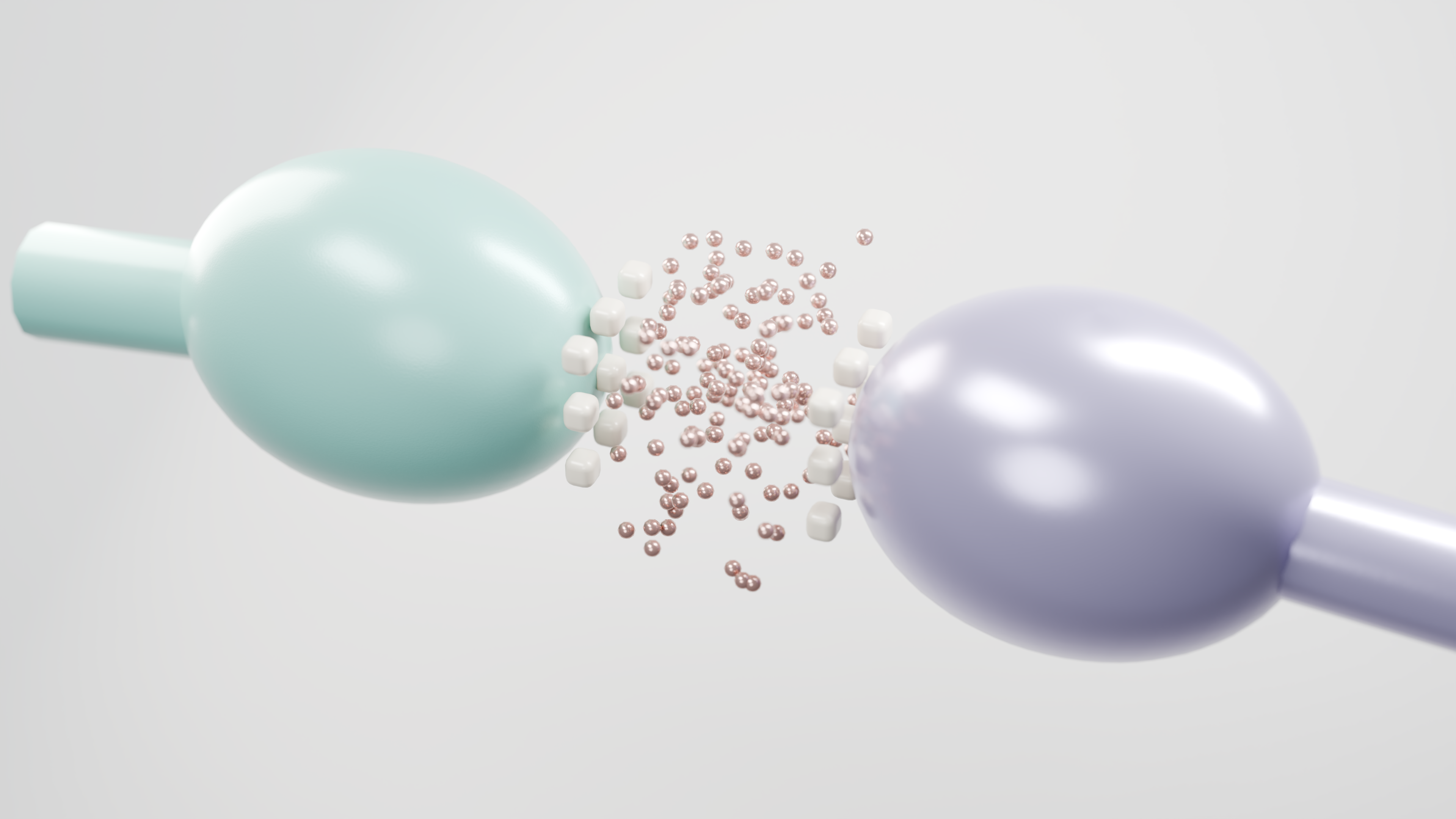 3D render depicting pastel-colored geometric shapes and tiny spheres in motion.