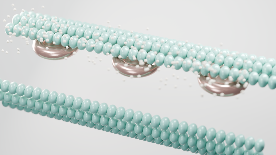 3D render of a molecular structure with pastel colors and abstract forms.