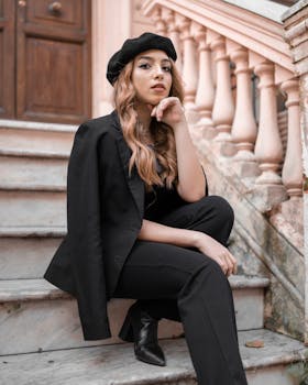 Stylish woman in a black outfit poses elegantly on a marble staircase, exuding glamour and sophistication.