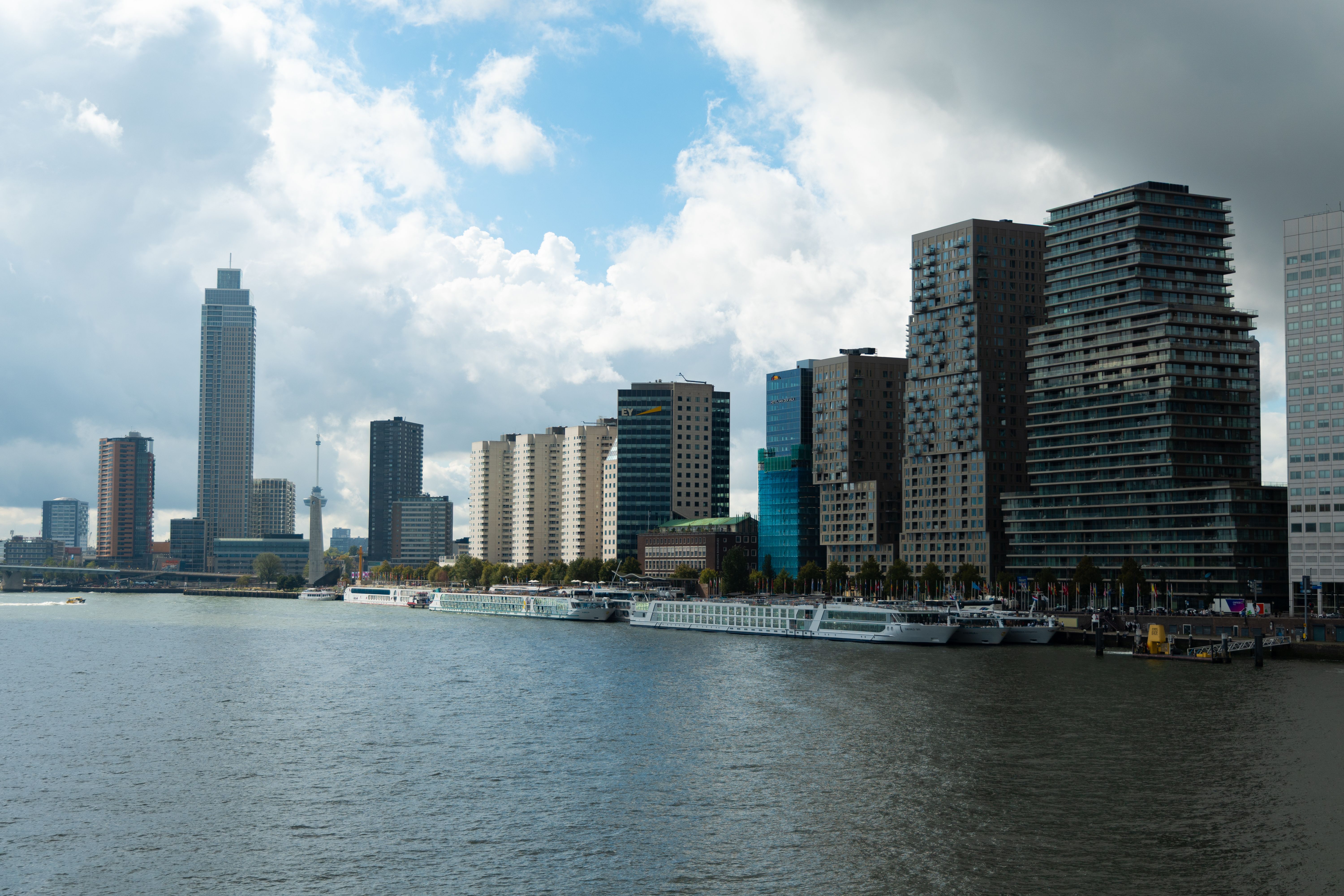 Erkunden Sie Rotterdams moderne Skyline mit Wolkenkratzern entlang der Nieuwe Maas.