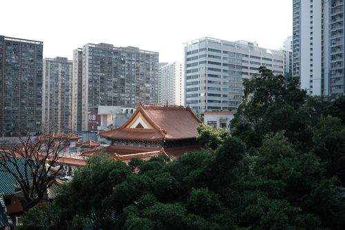 Free A traditional Asian temple is nestled among urban skyscrapers, blending architecture and nature. Stock Photo