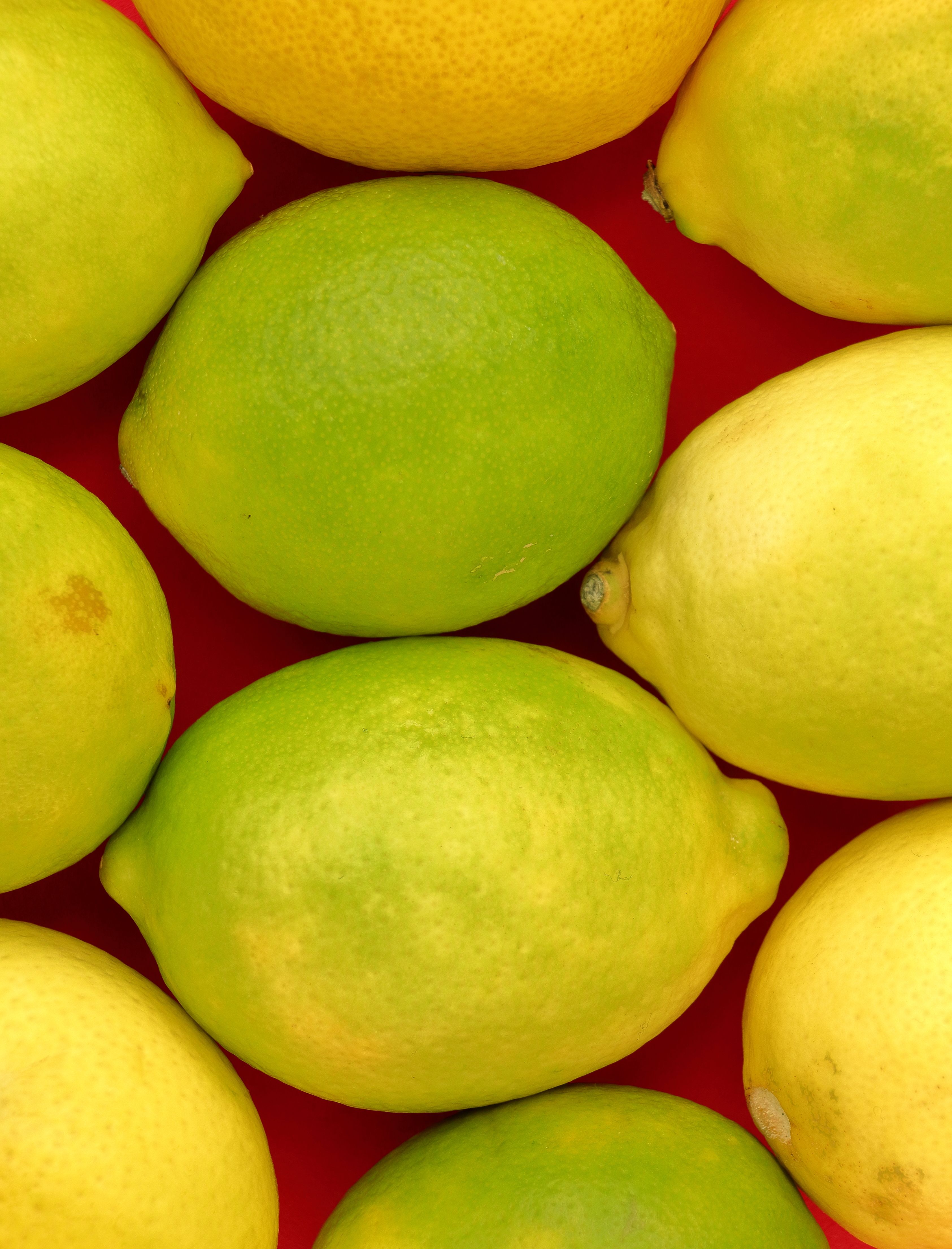 Fresh green and yellow lemons placed on a vivid red surface, capturing a vibrant citrus theme.