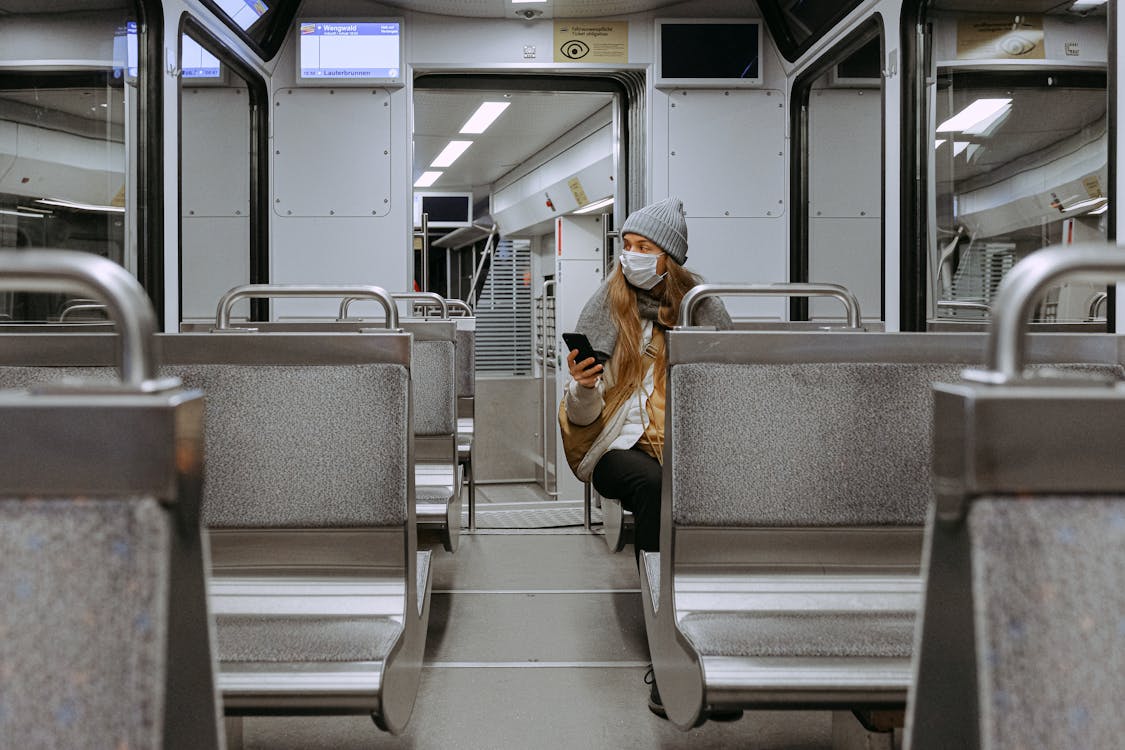 Woman Wearing Mask on Train