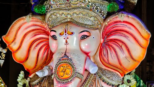 Free Close-up of a beautifully decorated Ganesh idol in Mumbai, featuring intricate designs and vibrant colors. Stock Photo