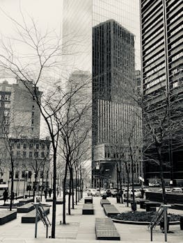 Monochrome view of a NYC urban park with skyscrapers and bare trees.