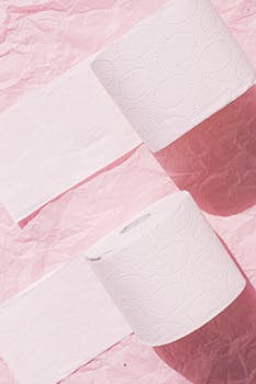 Two toilet paper rolls placed on a pink crumpled backdrop, creating a minimalist look.