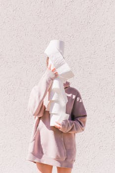 A woman holding multiple toilet paper rolls against a neutral background.