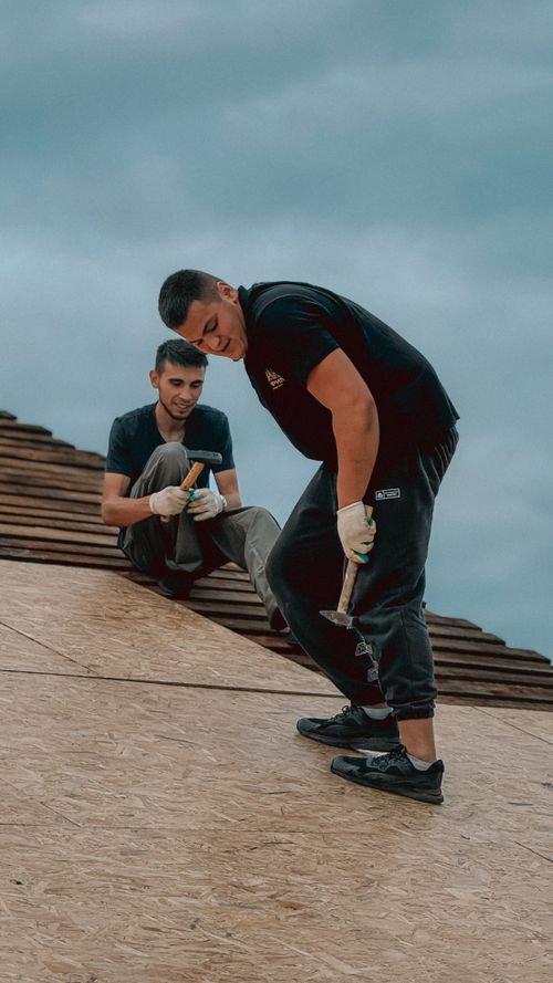 Free Two men working on a roof installation under a cloudy sky, capturing teamwork and construction action. Stock Photo