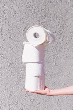 Minimalist image of stacked toilet paper rolls on a human hand against a textured wall.