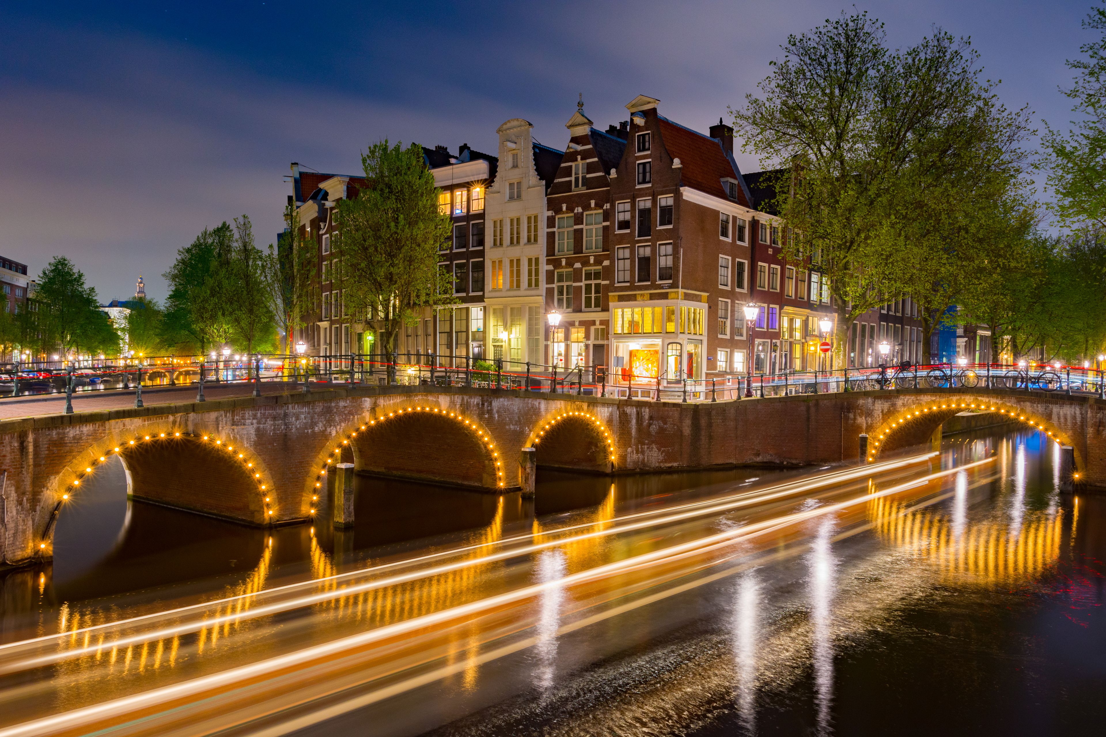 Romantic evening canal view in Amsterdam's Jordaan neighborhood