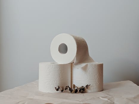 Artistic arrangement of toilet paper rolls with eucalyptus branches in a minimalist style.