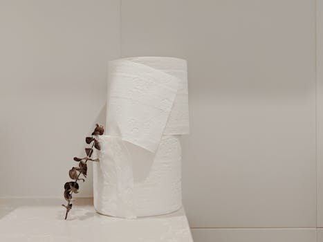 Clean, minimalist display of toilet paper rolls with eucalyptus in a bathroom setting.