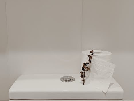 A minimalist bathroom scene featuring toilet paper with eucalyptus on a white toilet tank.