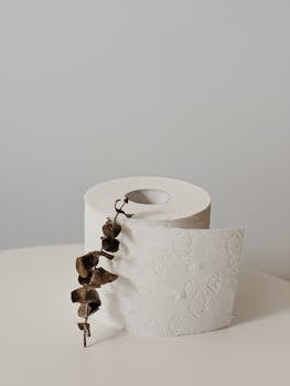 Aesthetic arrangement of eucalyptus branch with toilet paper roll on a neutral background.