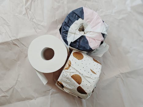 Aesthetic arrangement of wrapped toilet paper rolls on a neutral background, showcasing minimalism.