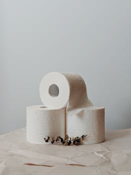 A serene still life showcasing stacked toilet paper rolls with subtle embellishments.
