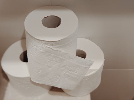 A neatly stacked pile of white toilet paper rolls, ideal for bathroom essentials and hygiene supplies.
