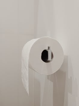 A simple and clean bathroom setting with a white toilet paper roll on a wall holder.