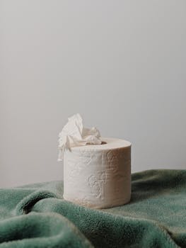 A single toilet paper roll on a green blanket, showcasing simplicity and hygiene.