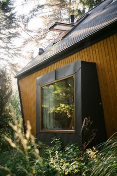 A cozy wooden cottage with a unique modern window set in a lush forest.