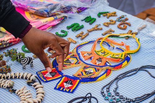 Free A vibrant display of handcrafted beaded jewelry at a street market in Malkerns, Eswatini. Stock Photo