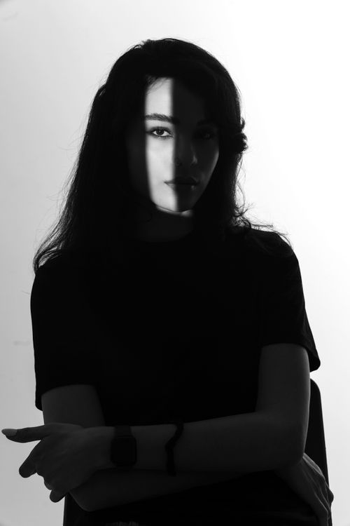 免费 一幅艺术感十足的黑白肖像画，画中一位女性的脸上投射出戏剧性的阴影。 素材图片