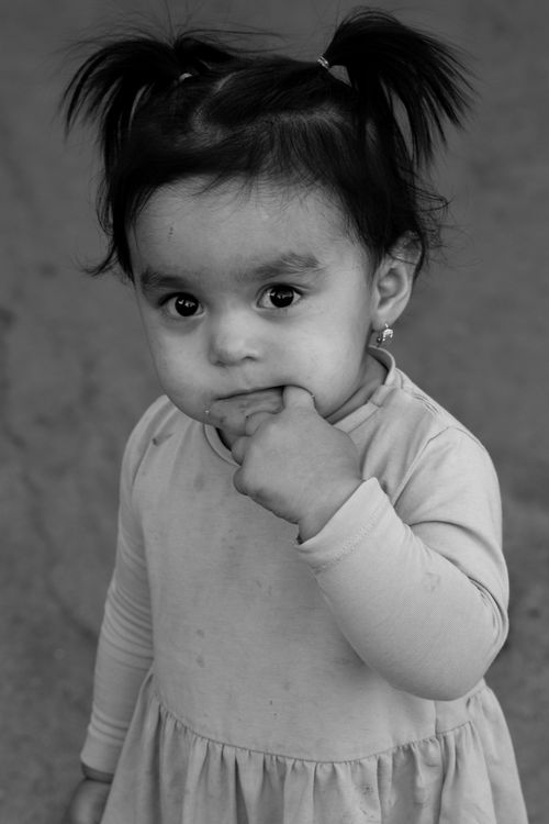 Free A close-up black and white portrait of a young child with pigtails looking thoughtfully at the camera. Stock Photo