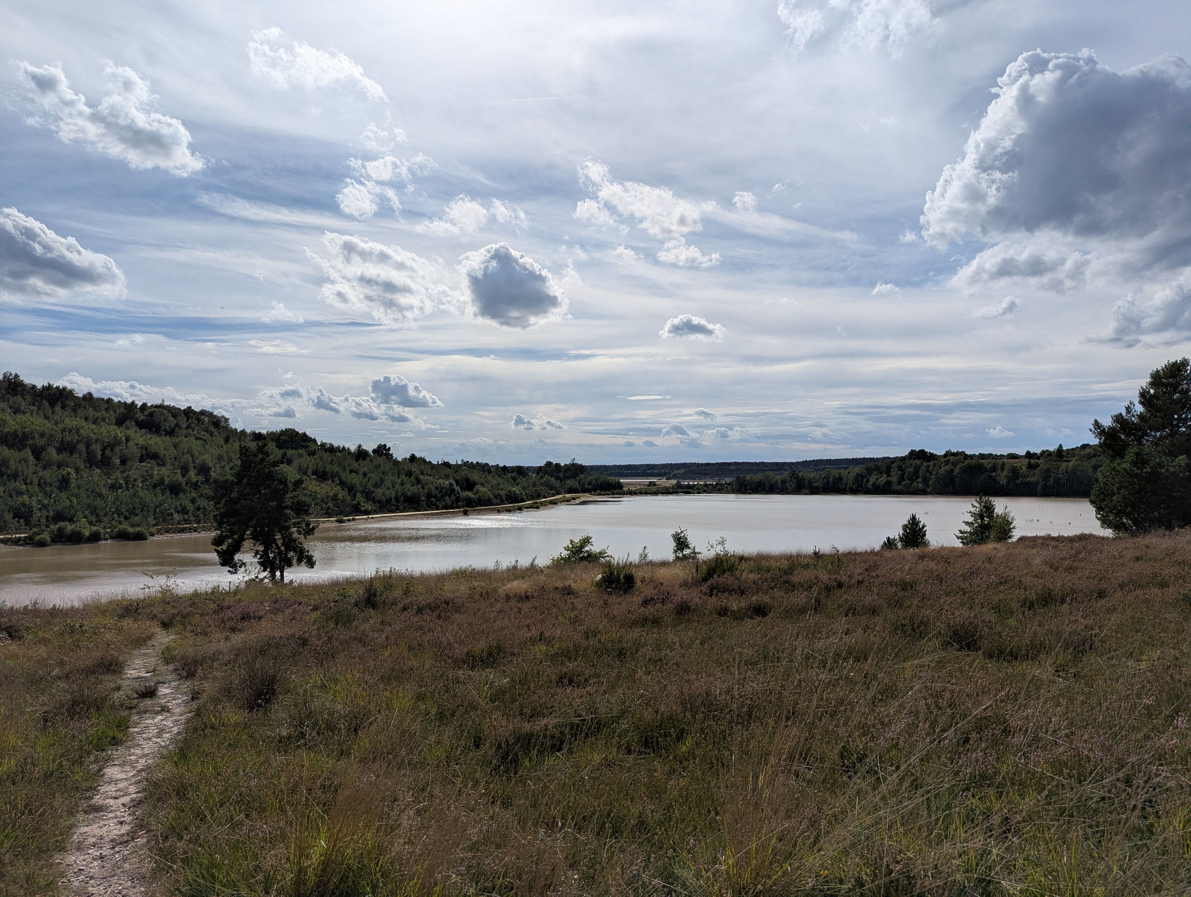 Serene landscape with a lake and cloudy sky in Maasmechelen, Belgium.