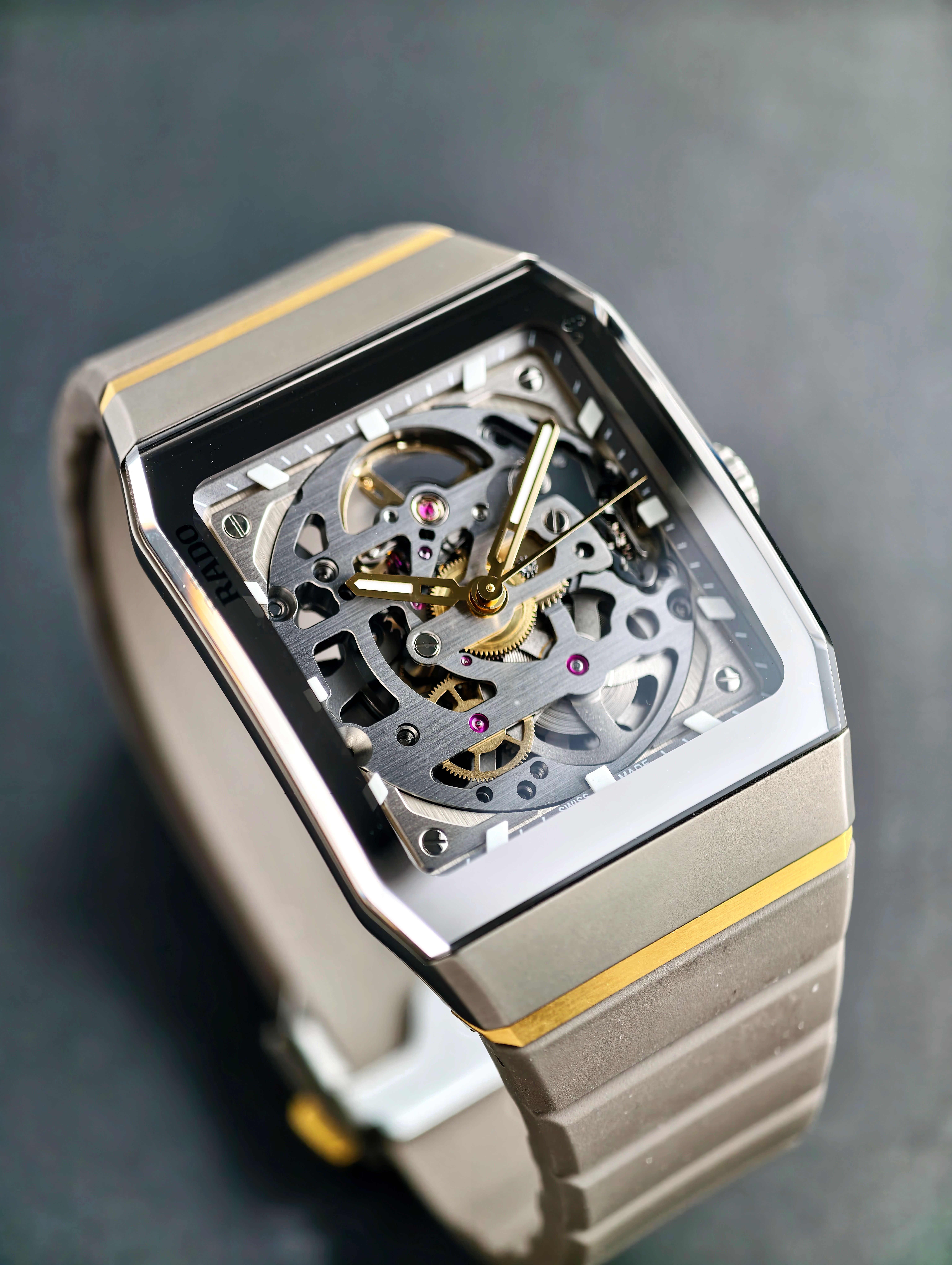 Close-up of a luxury skeleton watch with stainless steel casing and visible mechanics.