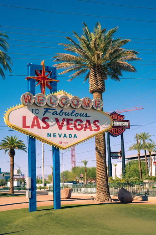 Free Famous Welcome to Las Vegas sign surrounded by palm trees under a bright blue sky. Stock Photo