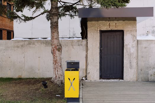 A stark urban scene featuring a black door, concrete wall, tree, and a striking yellow bin.