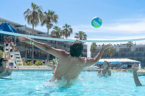 Free A vibrant pool volleyball game captures summertime fun at a resort, featuring adults playing with energy and enthusiasm. Stock Photo