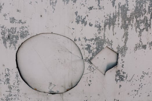 A distressed metal surface with circular and triangular cut-outs creating an abstract design.