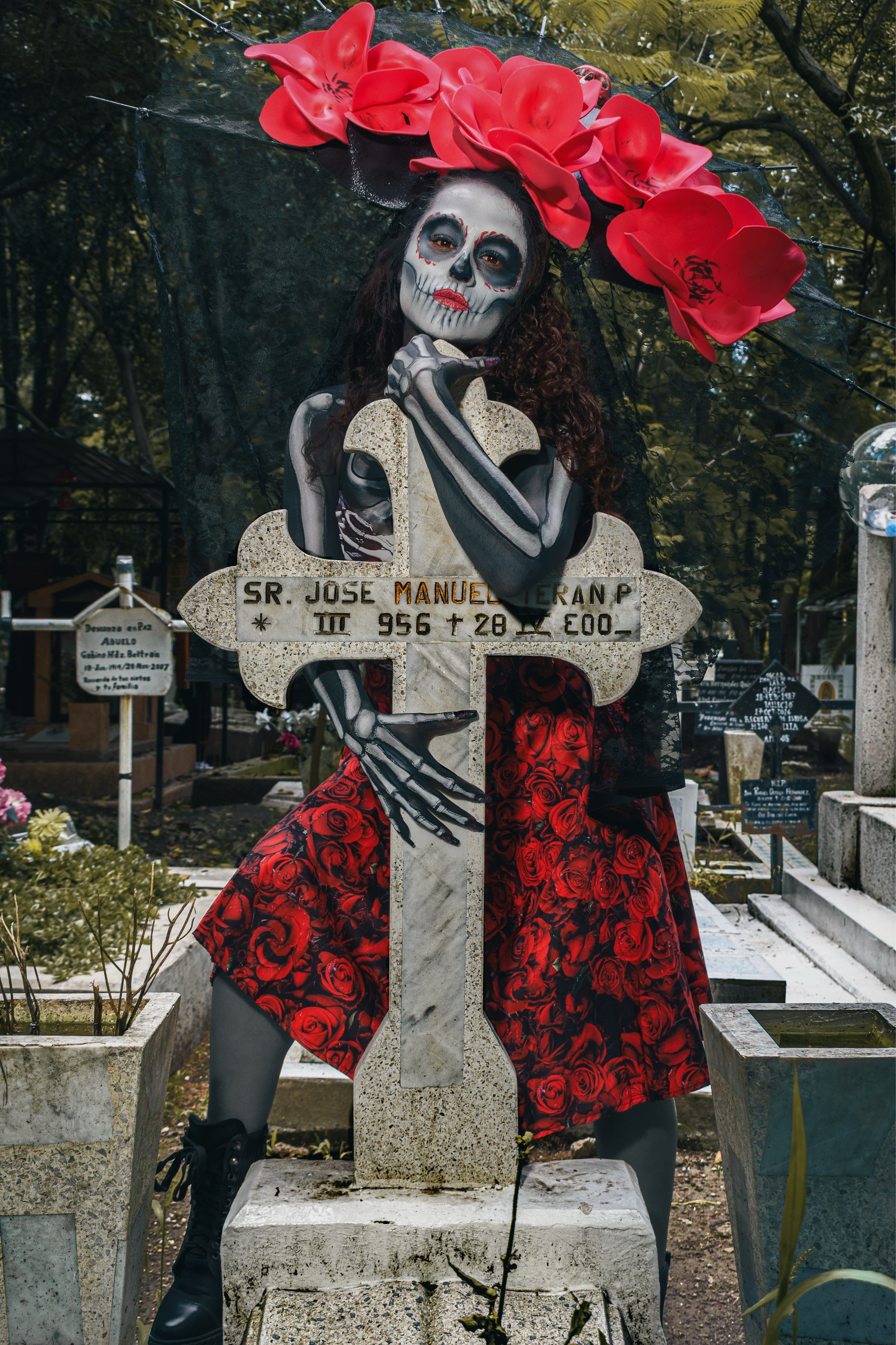 Vibrant Day of the Dead celebration in Mexico City with colorful attire and traditional face paint.