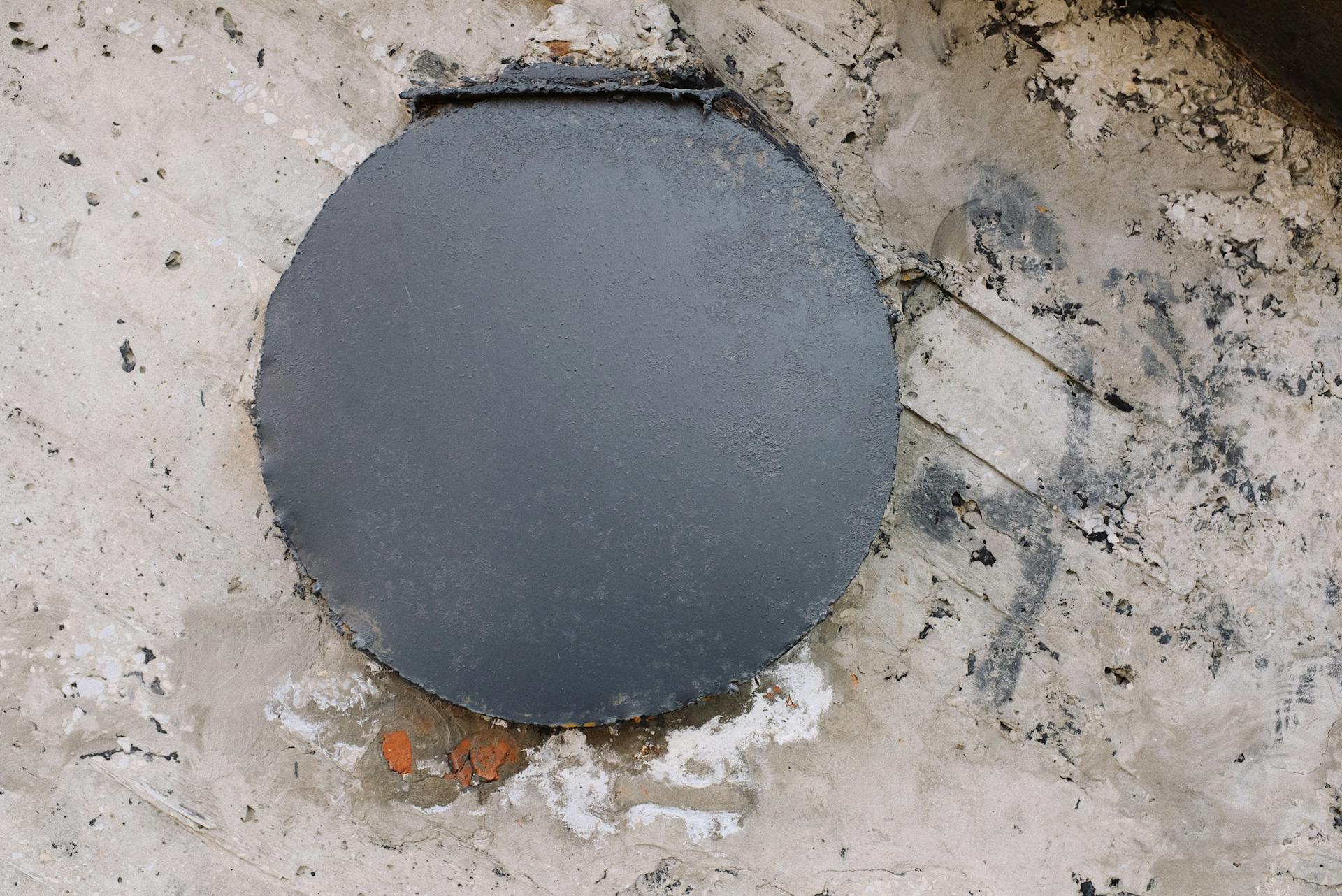 A close-up view of a round metal manhole cover on a rough concrete surface showing texture and wear.