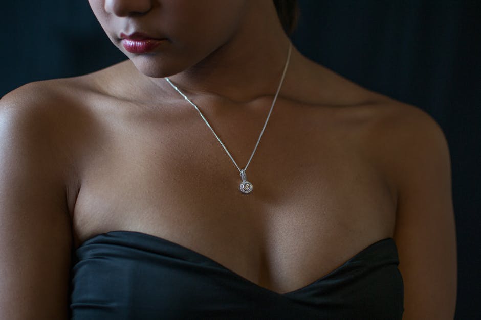 adult, black dress, diamond necklace