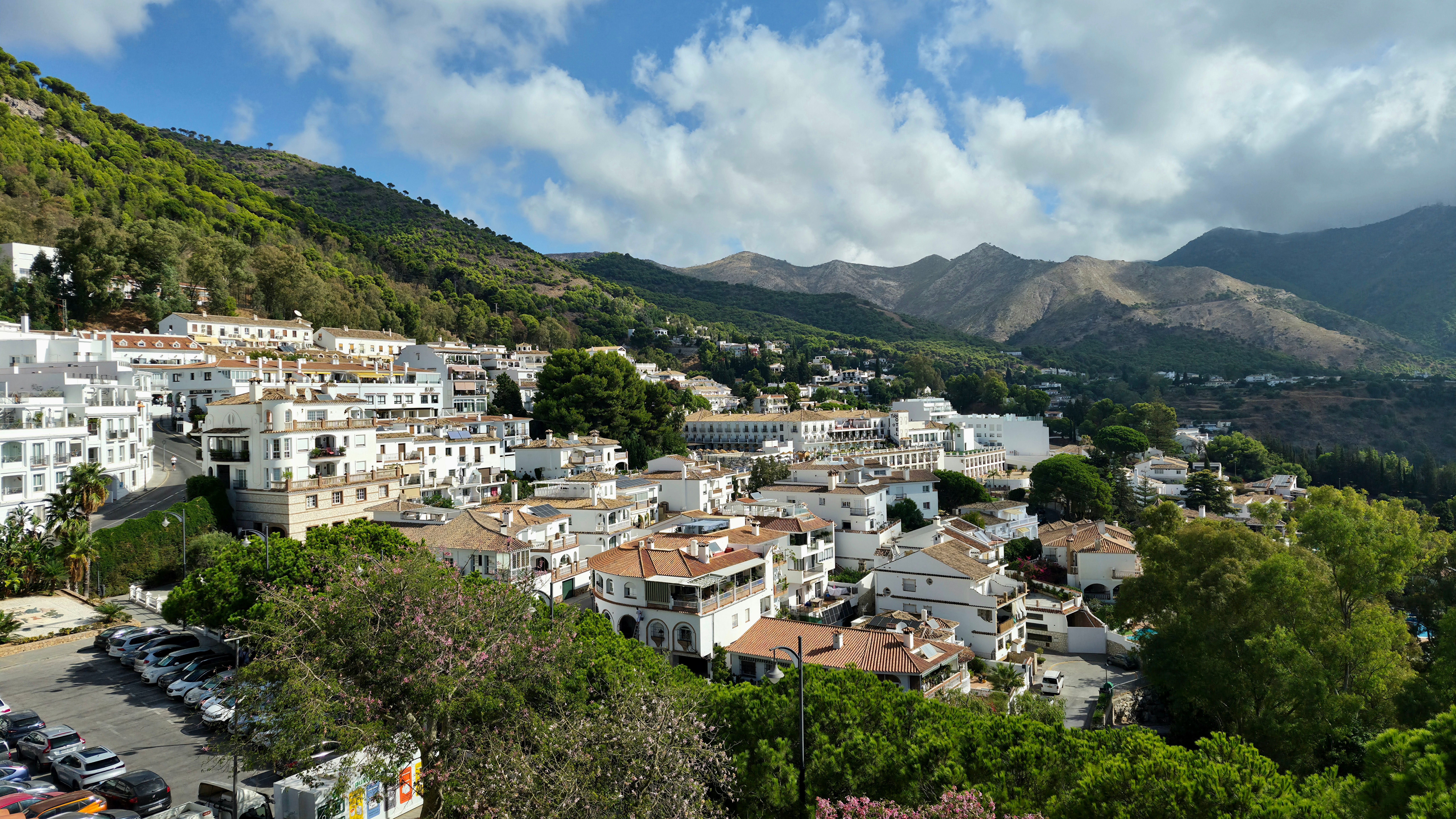A breathtaking view of Mijas village nestled in the Andalusian mountains, Spain.