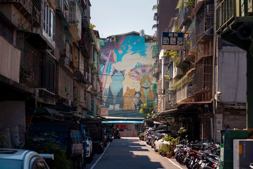 Free Street mural of cats in a vibrant alley in New Taipei City, Taiwan, under a clear sky. Stock Photo