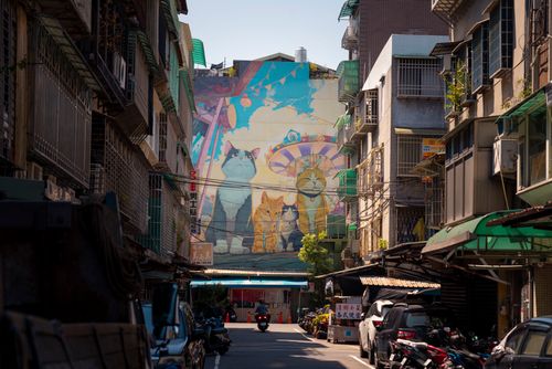 Free Vibrant cat mural on building facade in a bustling alley in New Taipei City, Taiwan. Stock Photo