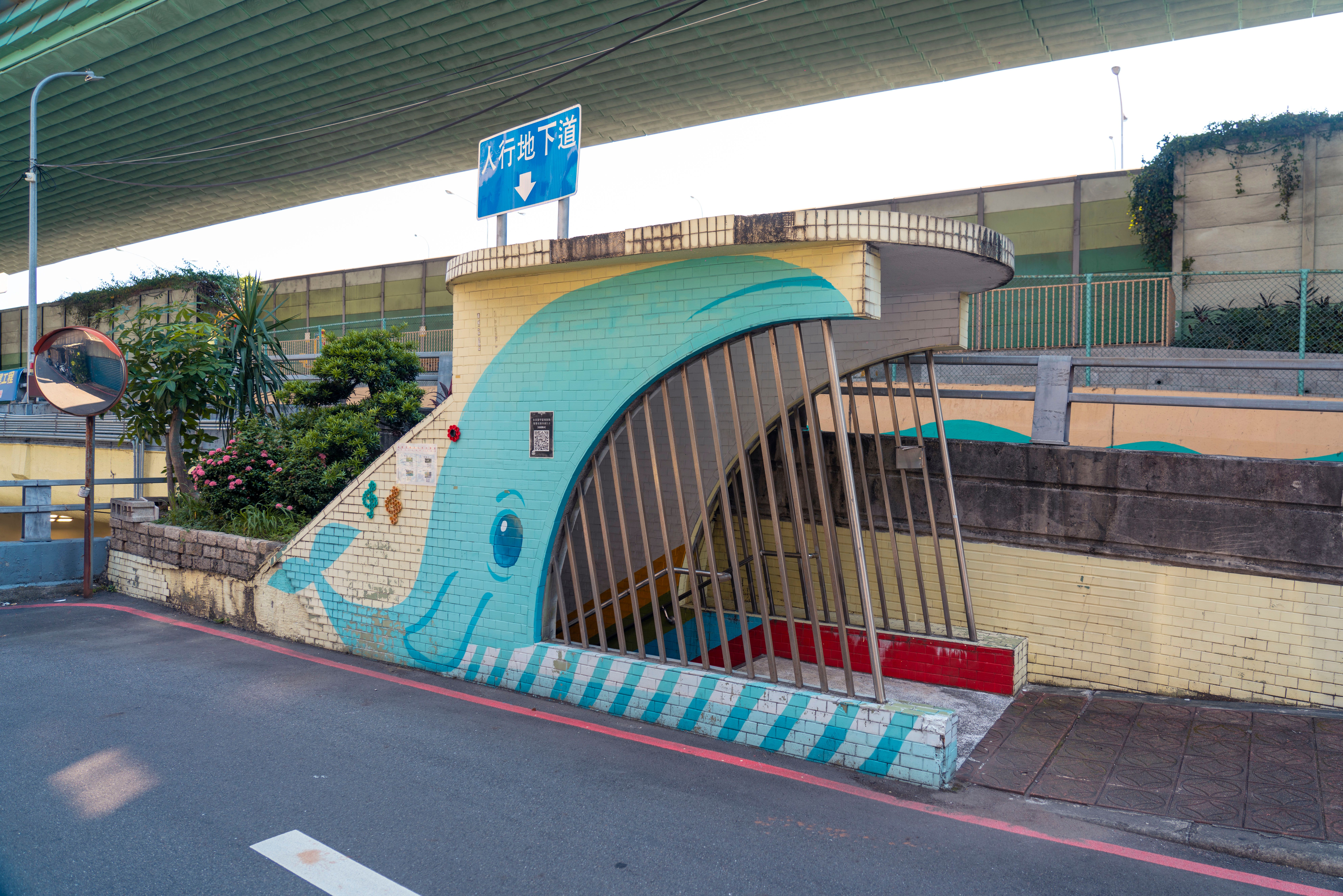 Vibrant dolphin mural at a pedestrian underpass in New Taipei City, Taiwan