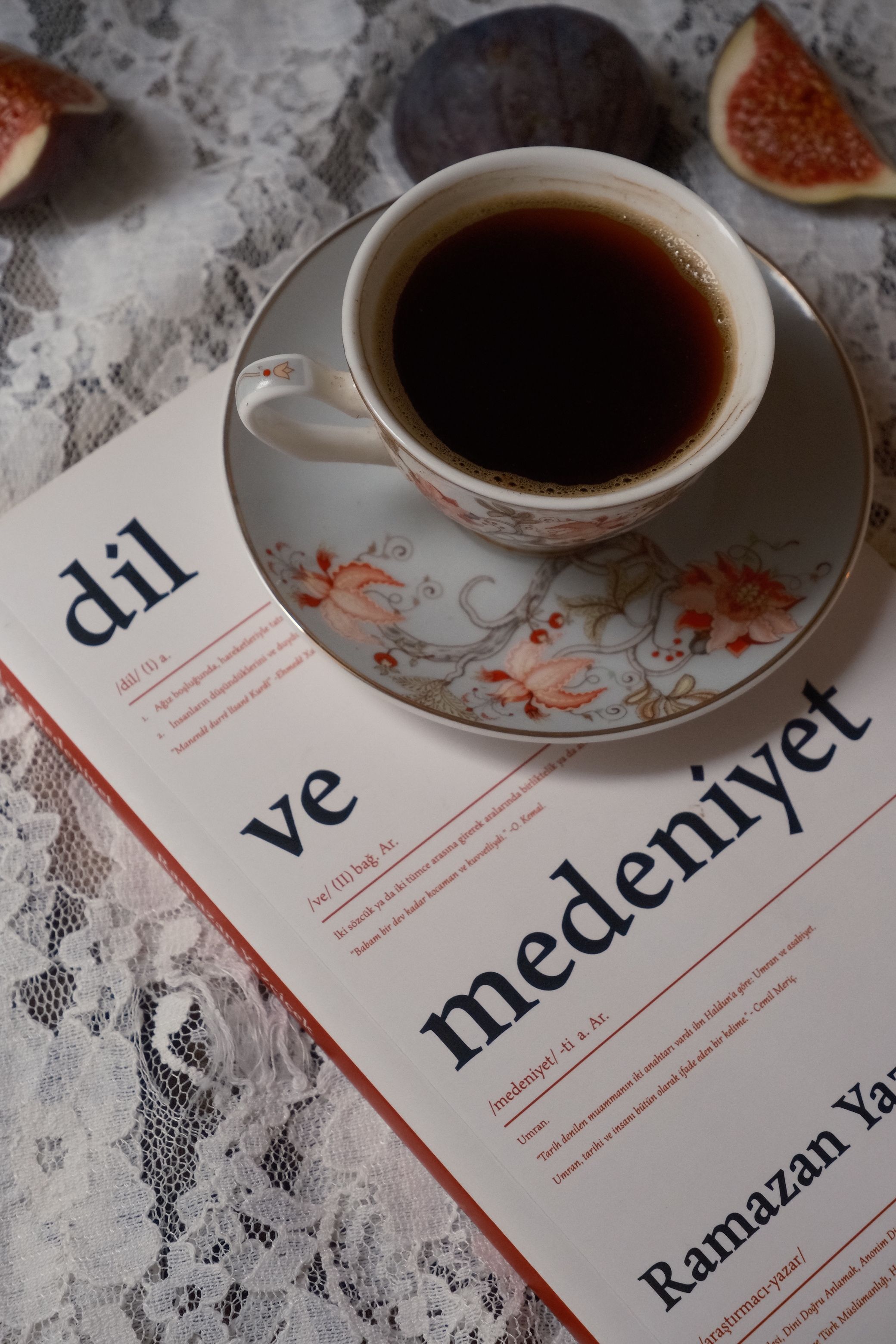 A beautifully styled shot of Turkish coffee on a lace table with figs and a book.