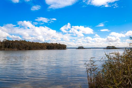 Free Serene lake with lush shoreline, vibrant blue sky, and fluffy clouds on a sunny day. Stock Photo