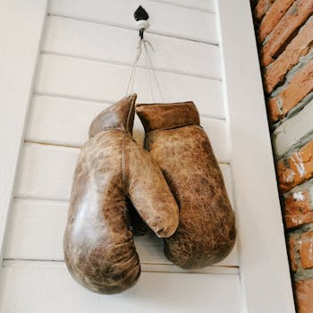 A pair of vintage leather boxing gloves hanging decoratively on a wall.