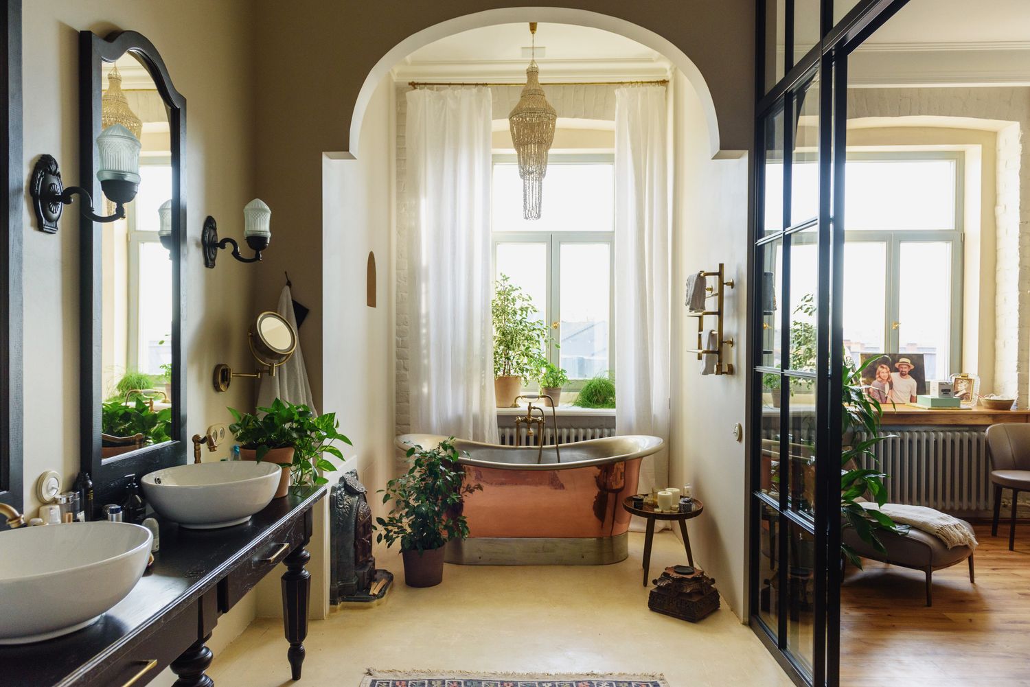 Designer reviewing room plans, samples and furniture ideas