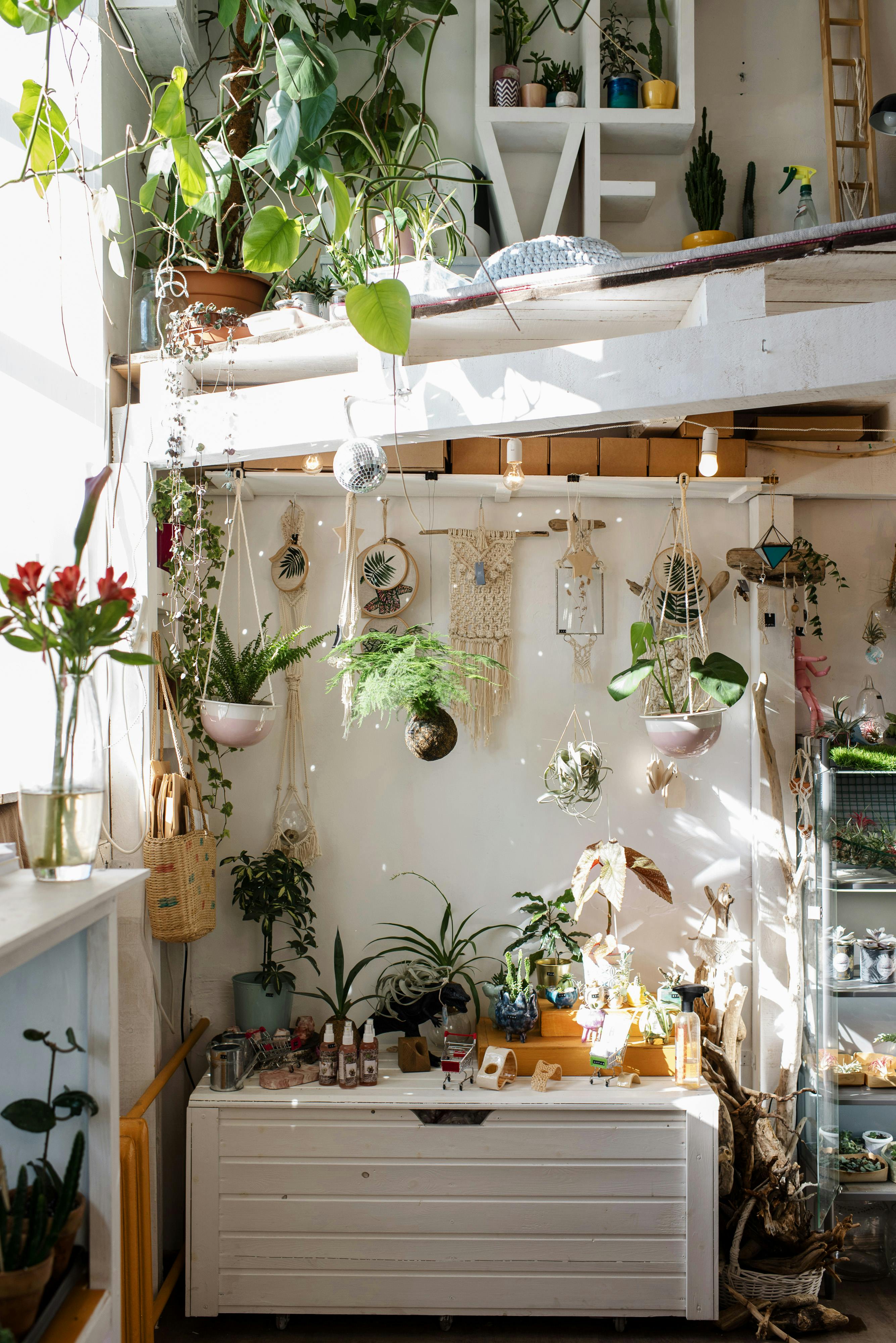 interior of modern stylish room with two tier layout and floral design