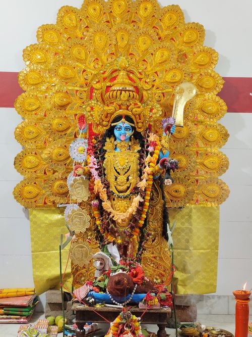 Free Colorful portrayal of Durga idol adorned for Puja celebrations with intricate decorations. Stock Photo