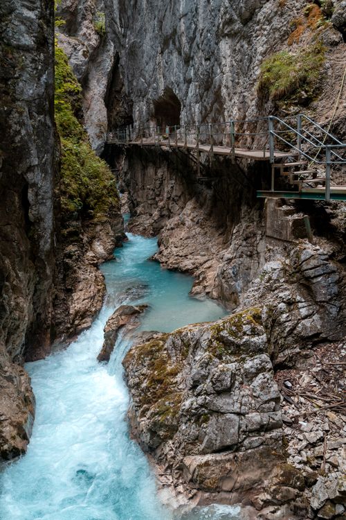 Free Stunning Leutasch Gorge in Bavaria, Germany with turquoise stream and rugged cliffs. Stock Photo