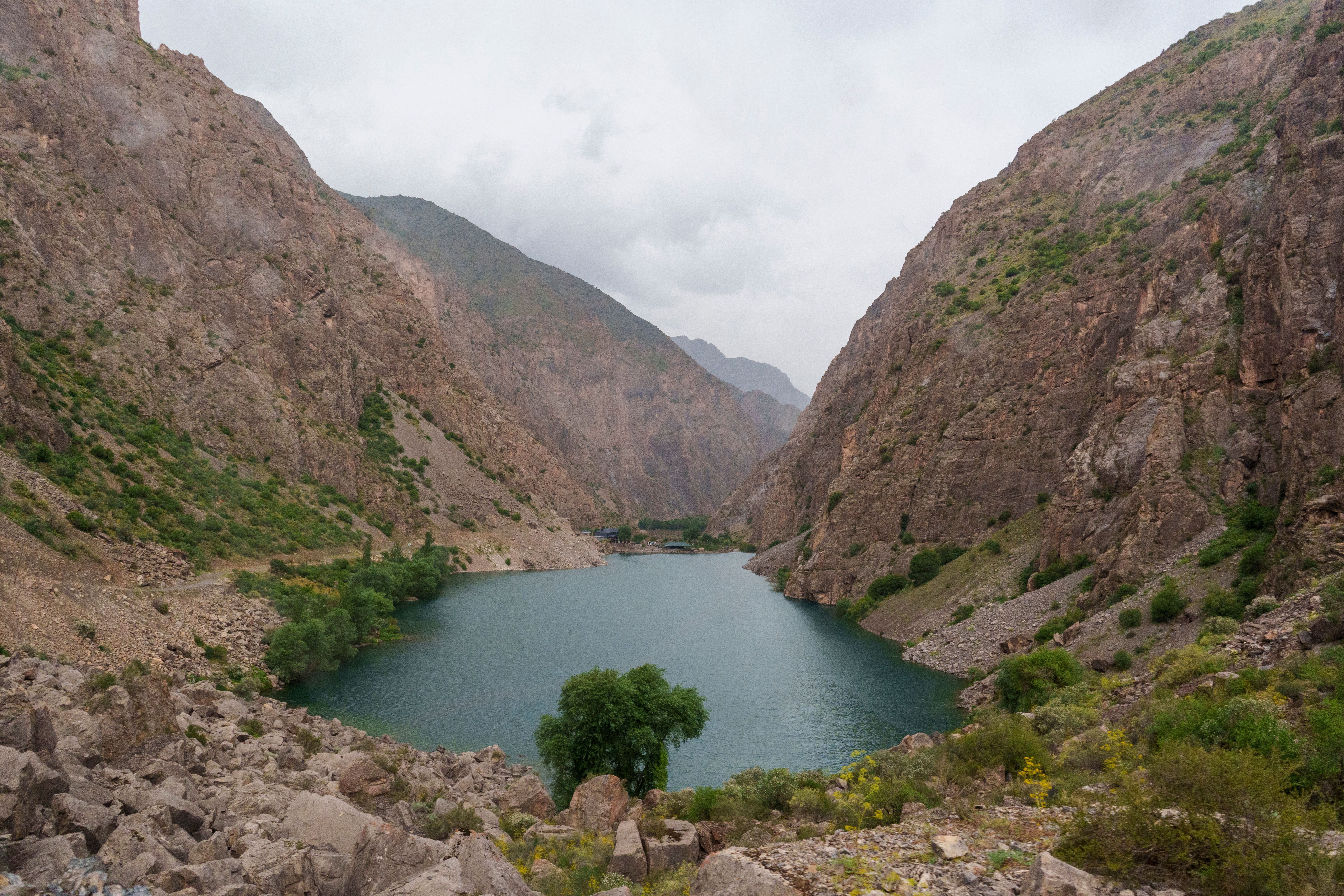 Beautiful lake surrounded by rugged mountains in the Fann range of Tajikistan.
