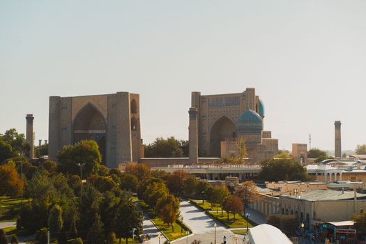 Aerial view of medieval architecture in Samarkand, Uzbekistan during a sunny autumn day.