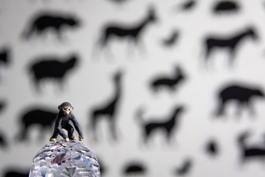 Miniature toy monkey on a crystal ball with animal silhouette background.